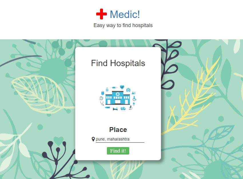 Homepage of hospital searach application